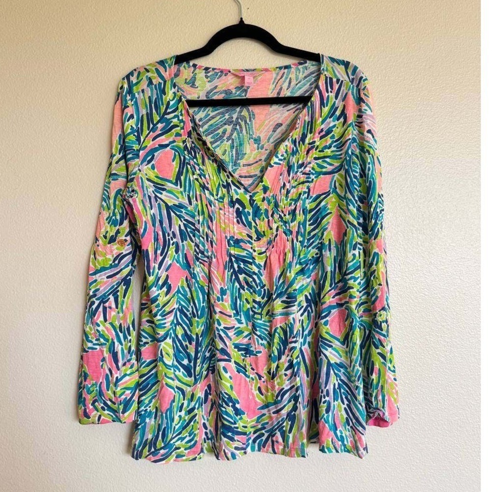 Lilly Pulitzer Tropical Print Tunic M Pink Teal Resortwear Vacation Colorful
